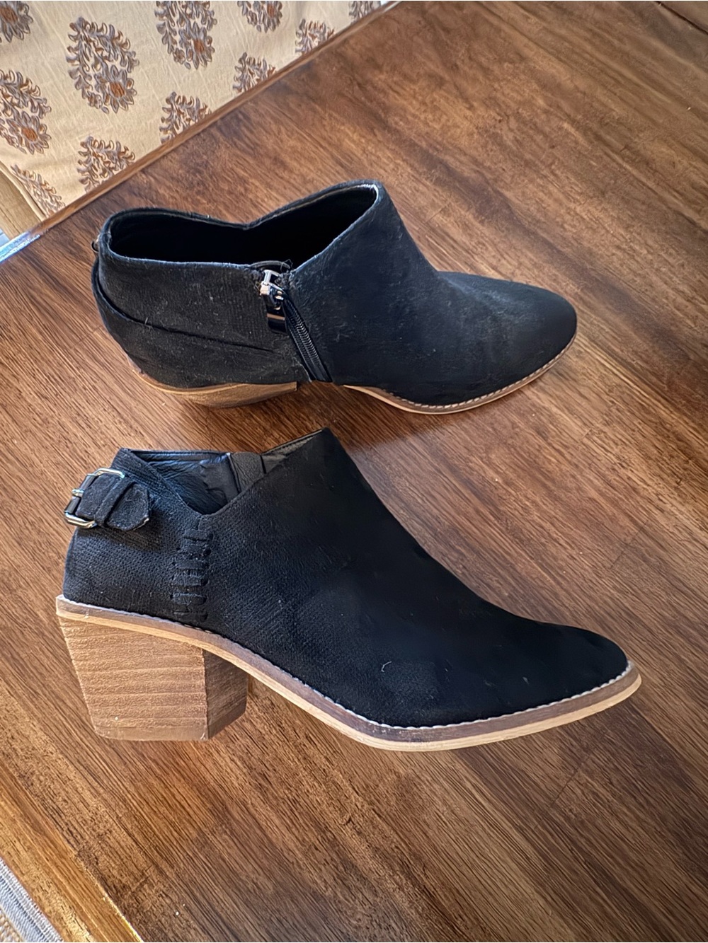 Corkys Black Faux Suede Ankle Booties with Wood Block Heel